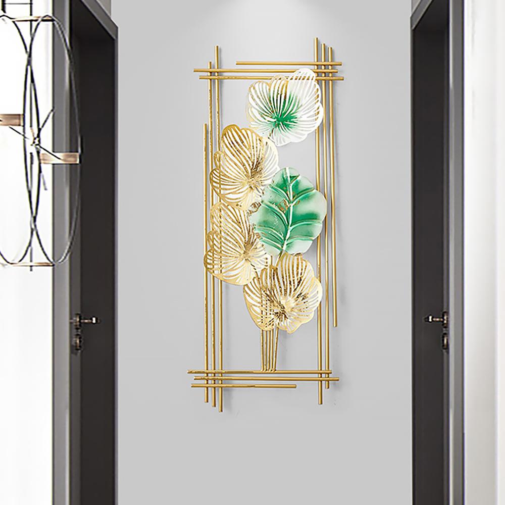 2 Pieces Metal Leaf Framed Wall Decor Gold & Green Rectangle