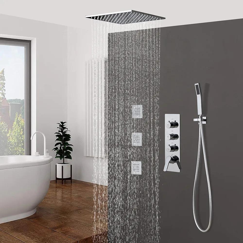 Modern 16" Chrome Thermostatic Rain Shower System with Handheld Shower & 3 Body Sprays