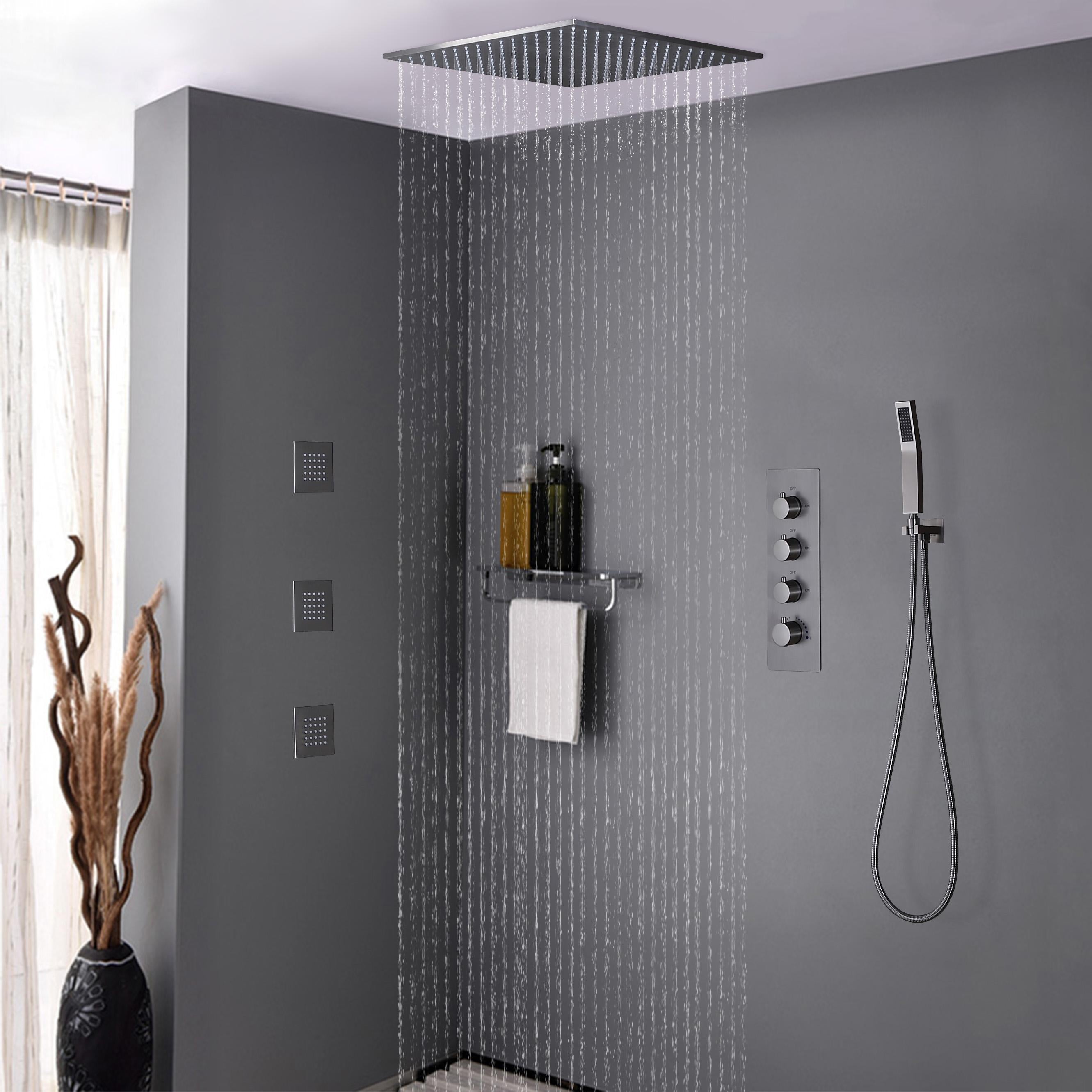 Modern Rain Thermostatic Brushed Nickel Shower Faucet Flush Mount Shower System with Hand Shower & Body Jets Solid Brass