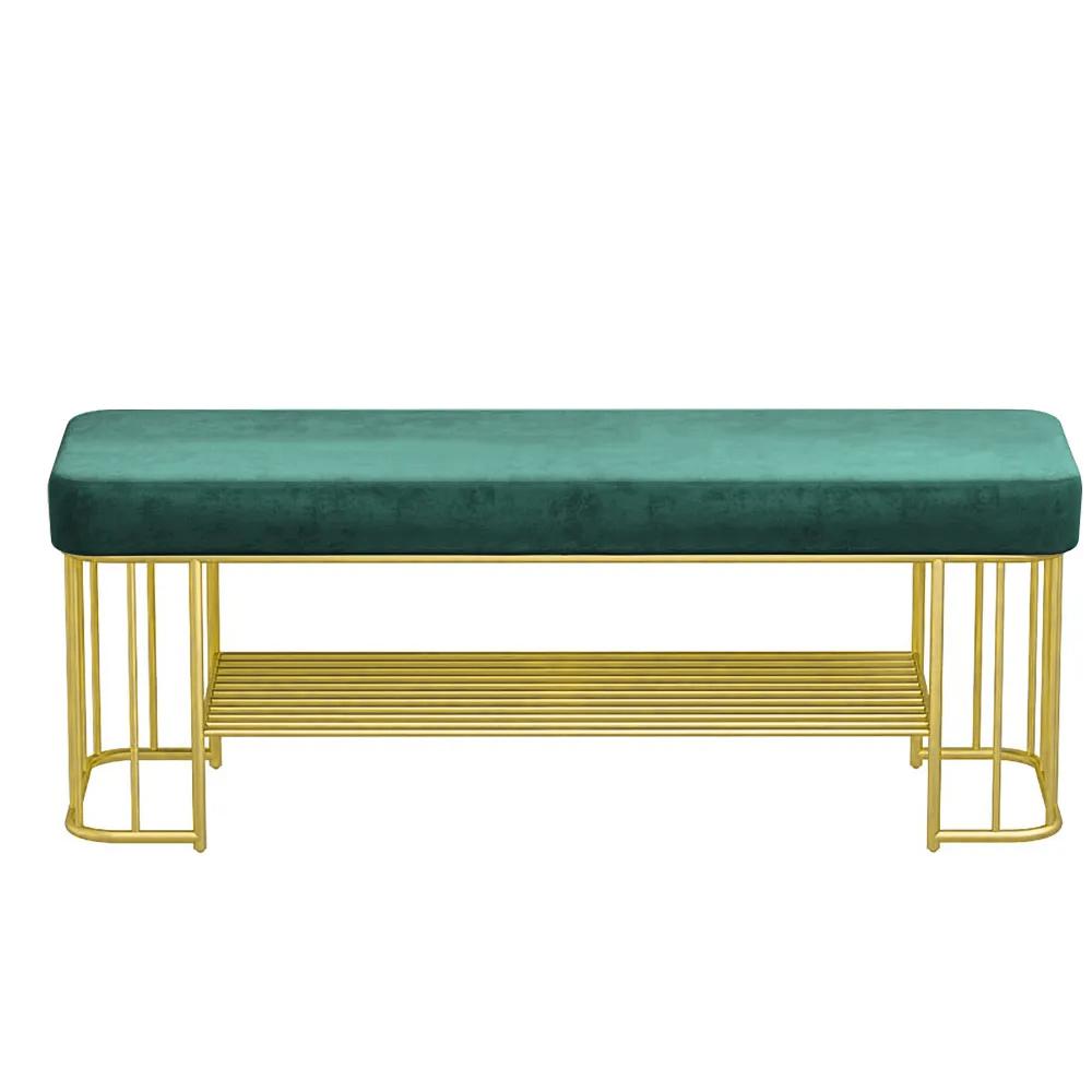 Modern Gray Storage Bench Entryway Bench Velvet Upholstered with Golden Frame & Shelves