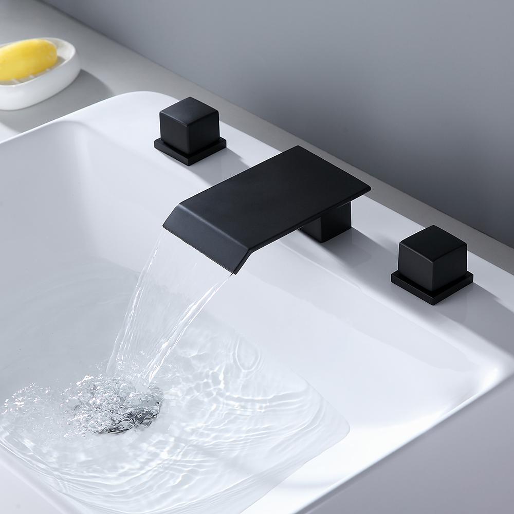 Moda Matte Black Waterfall Widespread Bathroom Sink Faucet Square Double Handle