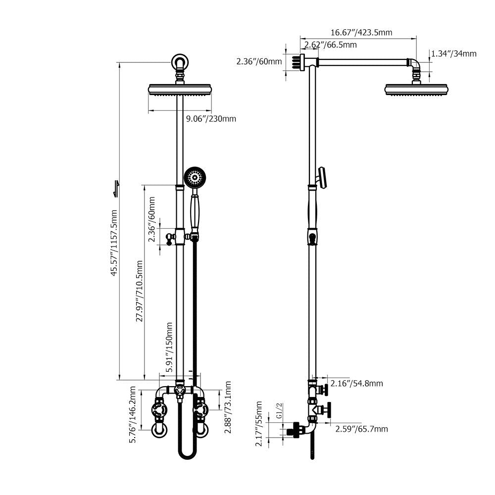 Industrial Style Wall-Mounted Shower System 2-function in Black