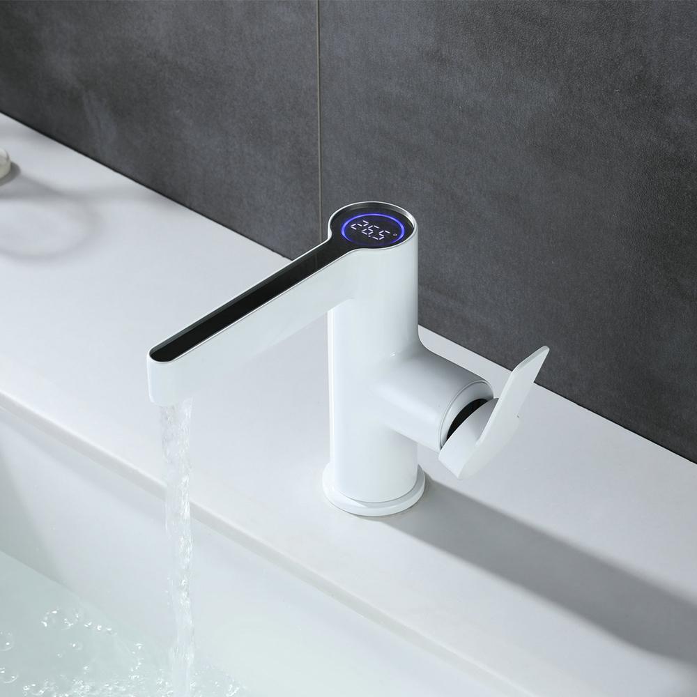 Modern Black Single Hole Bathroom Sink Faucet Intelligence Temperature Digital Display