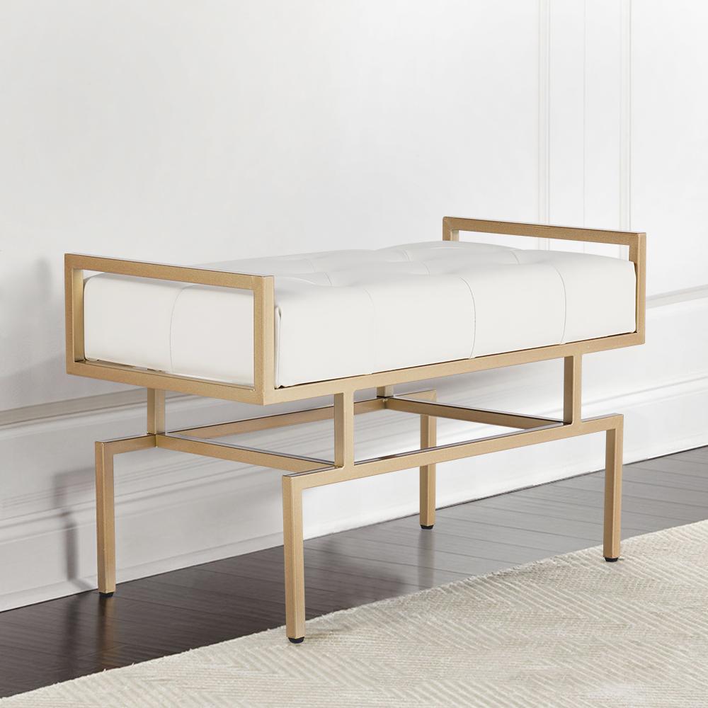 31.5'' Modern White Faux Leather Upholstered Bench with Gold Metal Legs