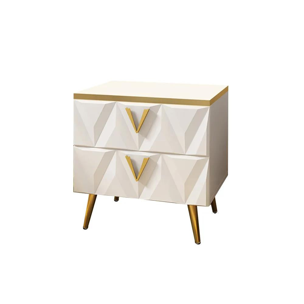 Nordic White Nightstand 3-Drawer Bedside Table V-Shaped Facet & Gold Pulls in Large