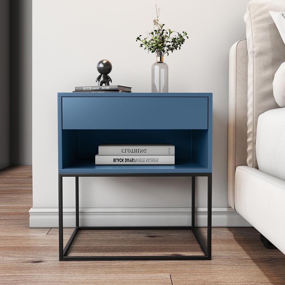 Blue Bedroom Nightstand with Drawer Bedside Table Metal Base