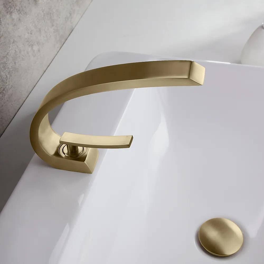 Modern Single Hole 1-Handle C-Shaped Curved Spout Bathroom Sink Faucet with Pop Up Drain in Brushed Nickel