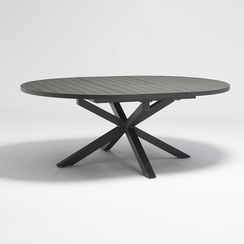 Outdoor Extendable Round Trestle Dining Table with Aluminum Frame in Black