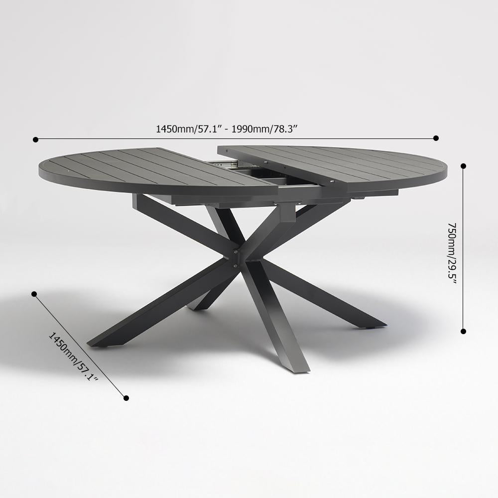 Outdoor Extendable Round Trestle Dining Table with Aluminum Frame in Black