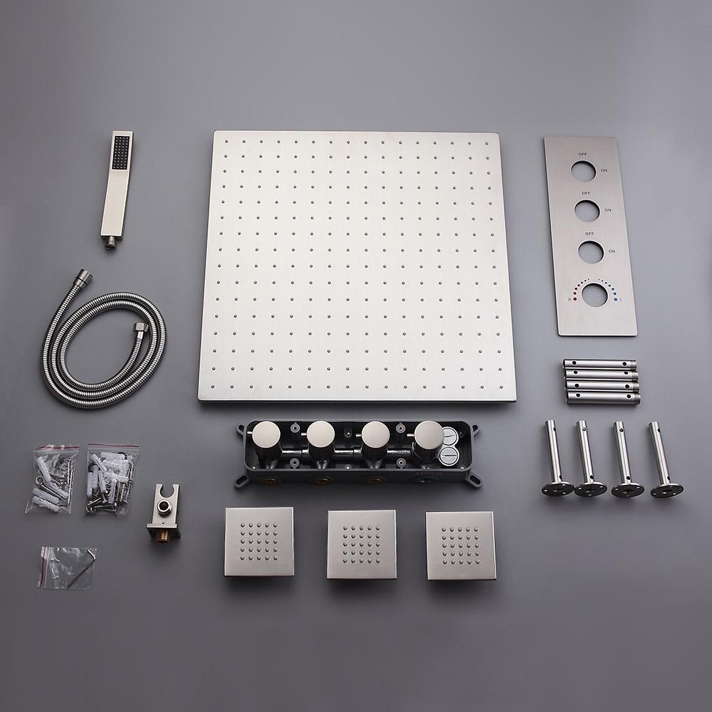 Modern Rain Thermostatic Brushed Nickel Shower Faucet Flush Mount Shower System with Hand Shower & Body Jets Solid Brass