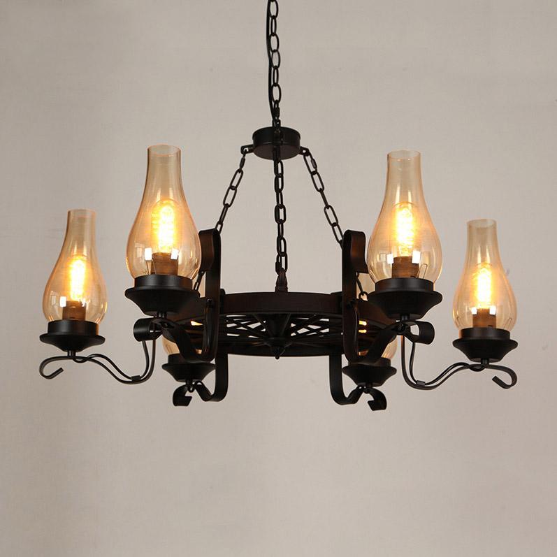 Massie Vintage Chimney Glass Shade 6-Light Chandelier Black Metal Wagon Wheel