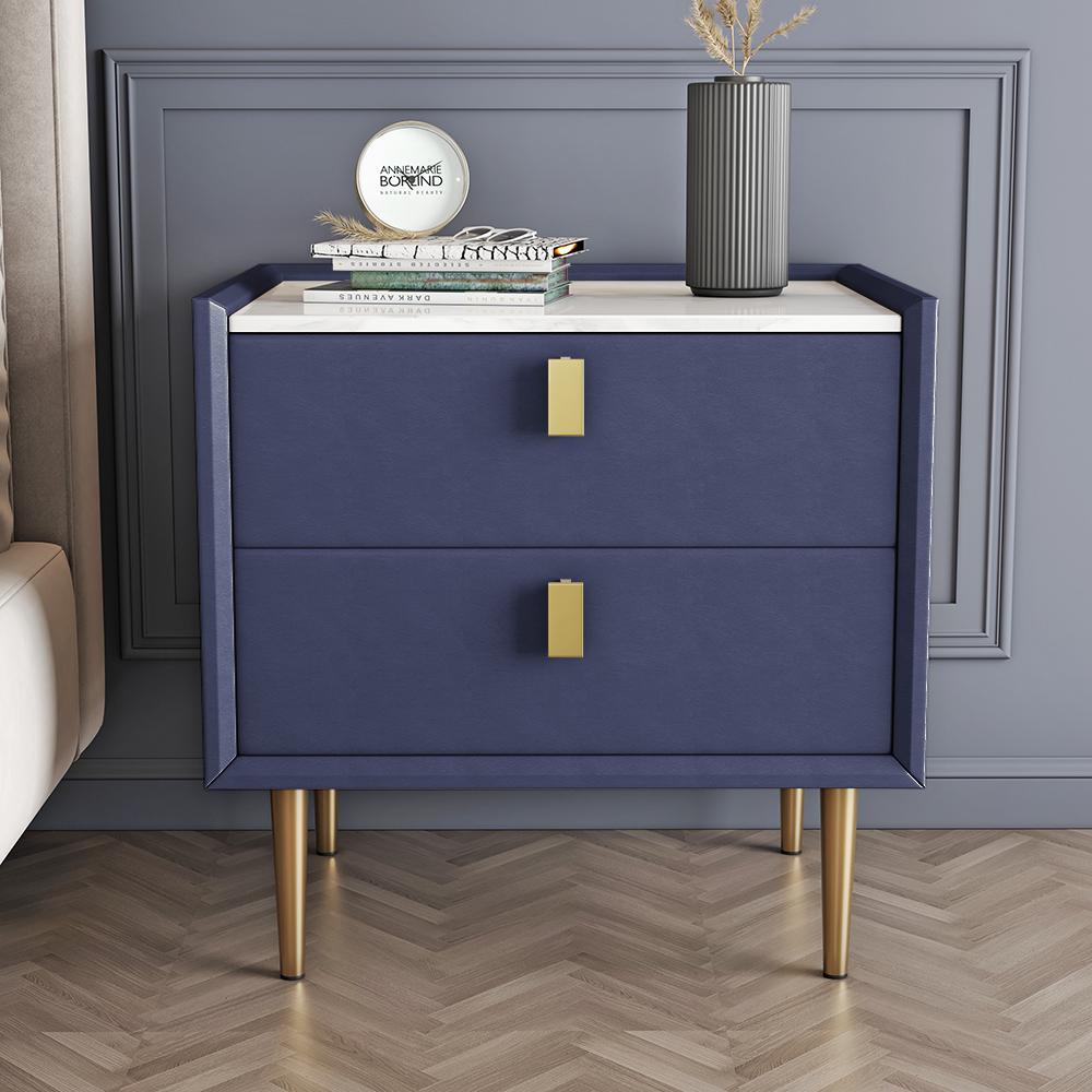 Modern 2 Drawers PU Leather Bedside Table Nightstand with Gold Metal Legs