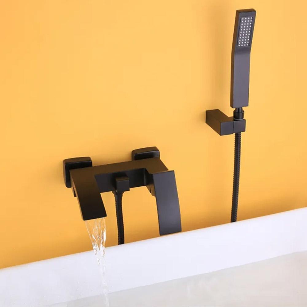 Ridge Wall Mount Waterfall Bathtub Faucet Matte Black with Hand Shower Solid Brass
