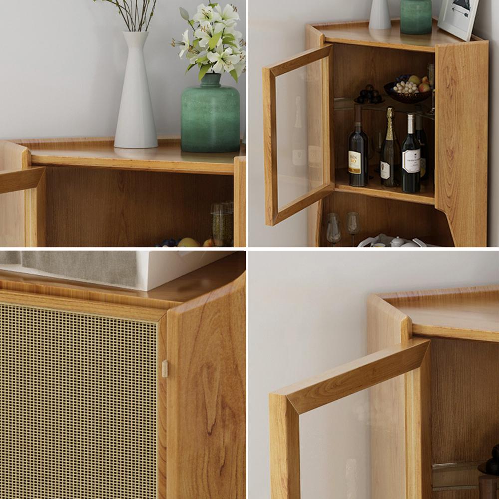 Nordic Natural Corner Cabinet 2-Door Bar Cabinet with Hutch & Shelf Rattan Woven