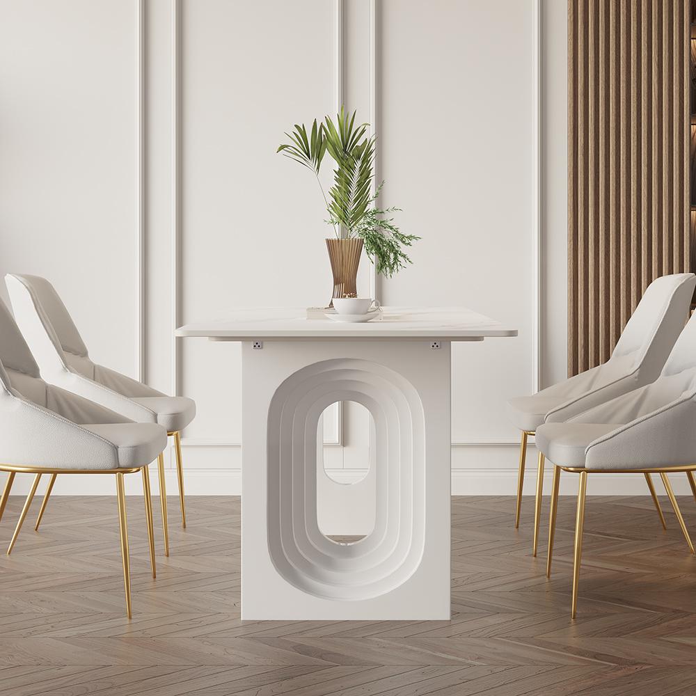 63" Modern Dining Table White Faux Marble Top for 6 Person Double Pedestal Base
