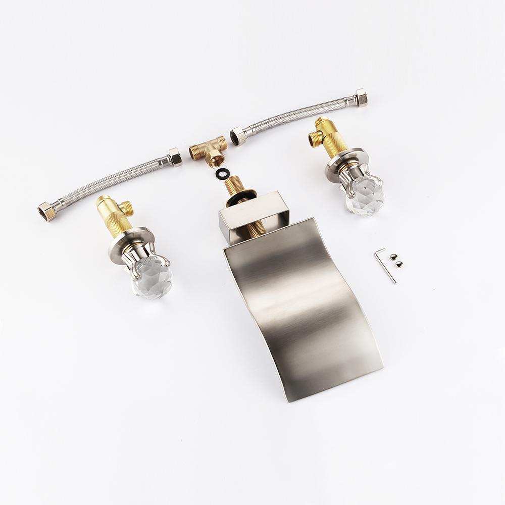 Deck Mount Widespread Waterfall 2 Crystal Handle Bathroom Sink Faucet in Brushed Gold