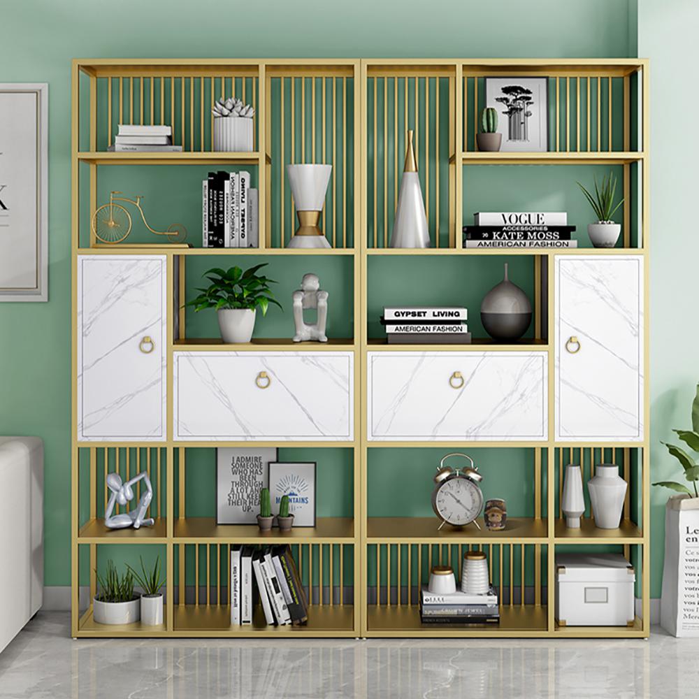 70.9" Modern 5-Tier Geometric Bookshelf with 1 Drawer and 1 Door in White & Gold