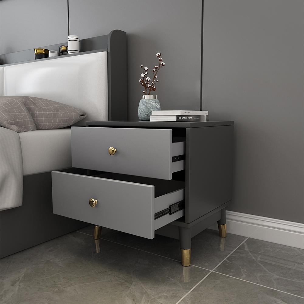 Modern Nightstand with 2 Drawers in Gray with Metal Legs