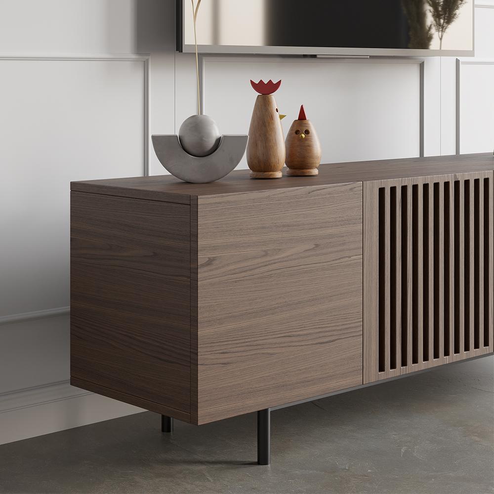 Minimalist Slatted Media Console Wood TV Stand in Walnut with Shelves for TVs Up to 80"