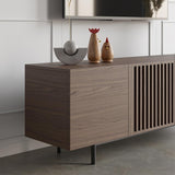 Minimalist Slatted Media Console Wood TV Stand in Walnut with Shelves for TVs Up to 80"