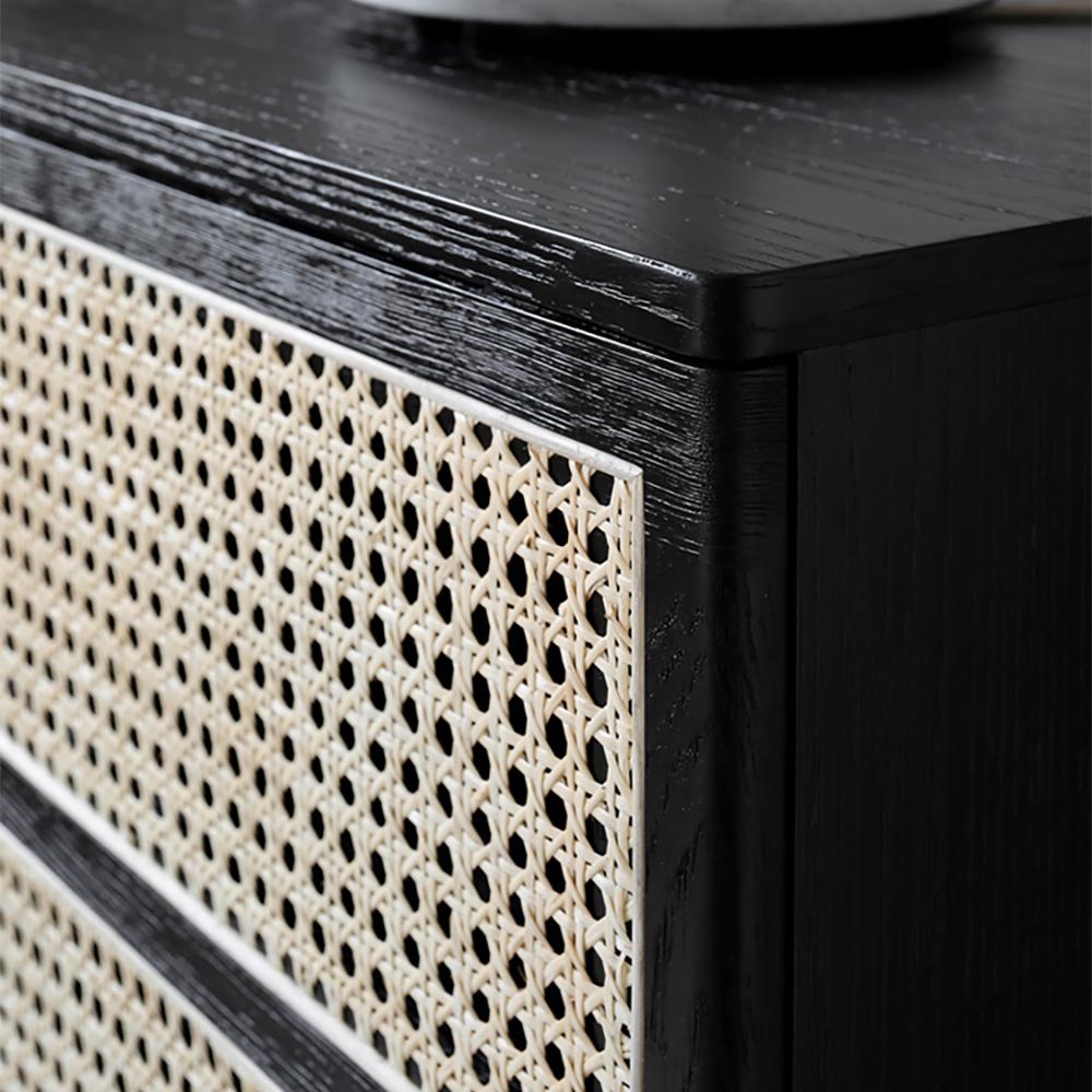 63" Modern Black Cane Sideboard Buffet Cabinet with 3 Rattan Door Pine Wood