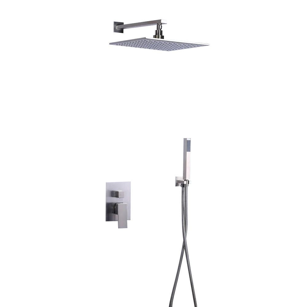 Dree Modern 12" Wall Mount LED Square Showerhead & Hand Shower System in Brushed Nickel