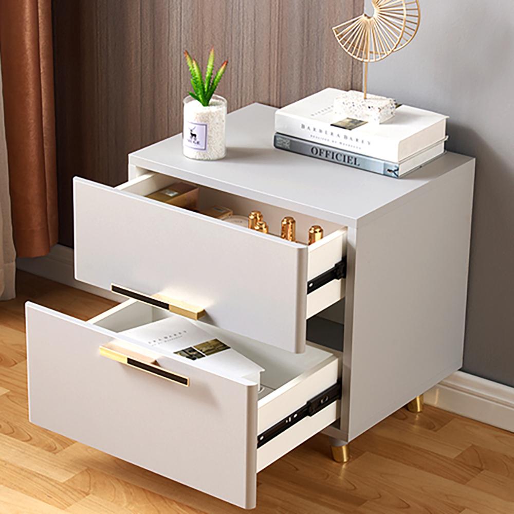 Grayish White Nightstand Modern 2-Drawer Bedside Table Gold Pulls