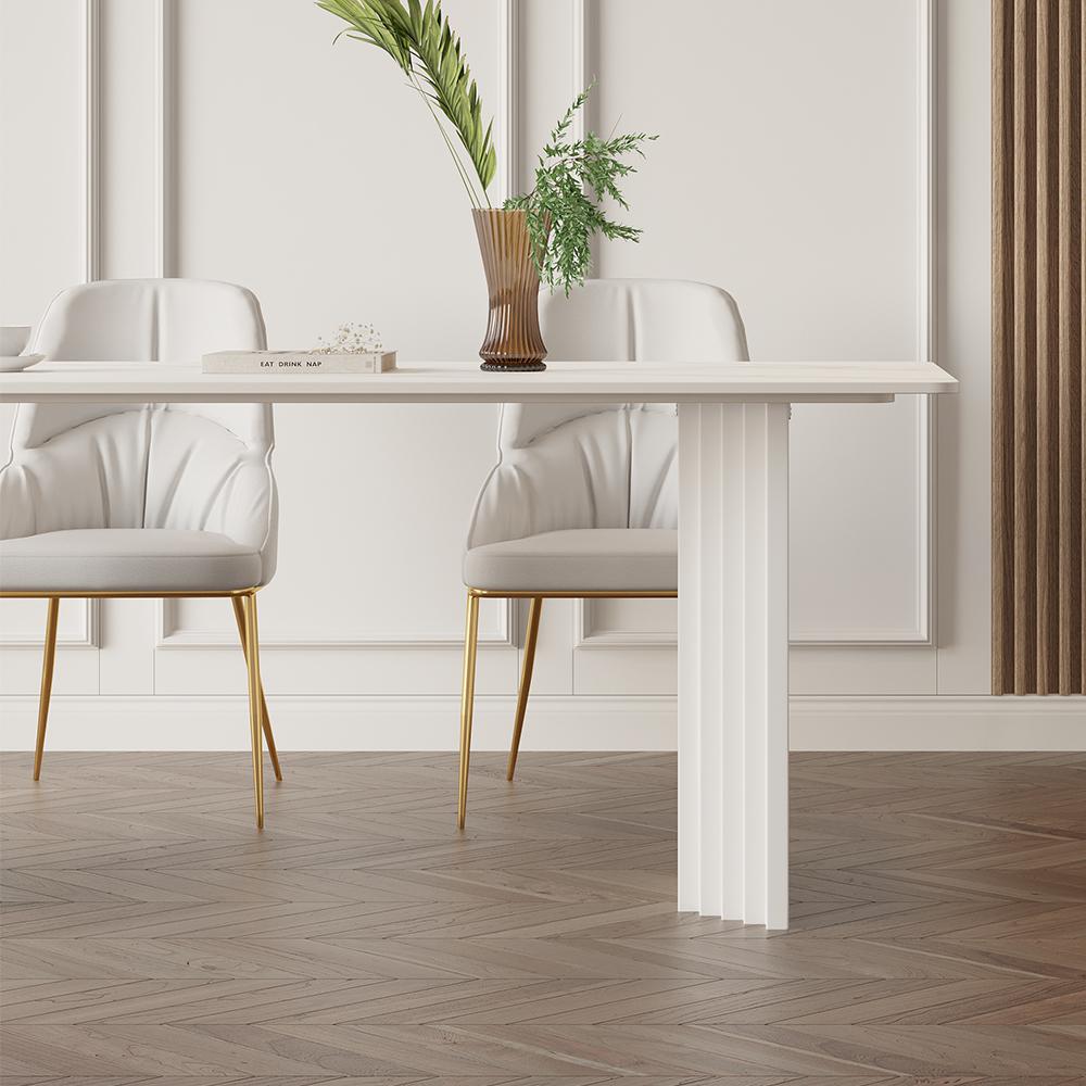 63" Modern Dining Table White Faux Marble Top for 6 Person Double Pedestal Base