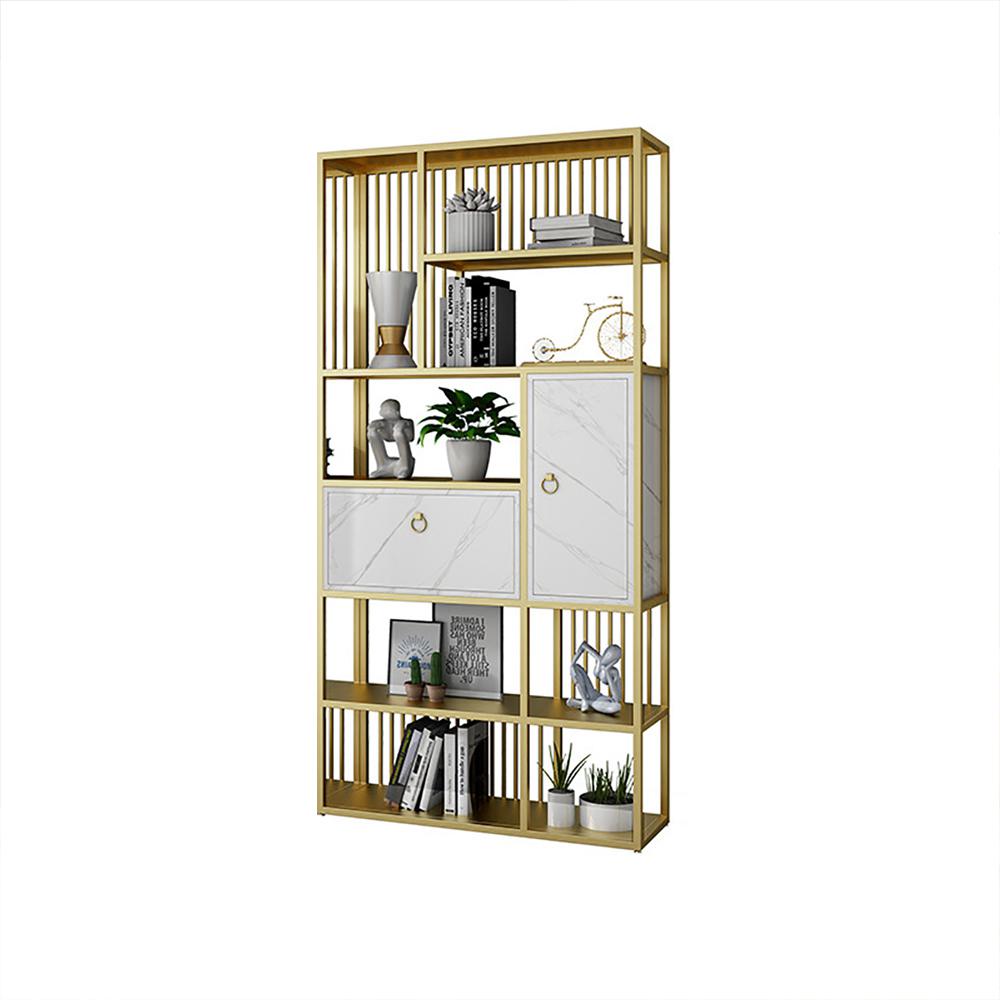 70.9" Modern 5-Tier Geometric Bookshelf with 1 Drawer and 1 Door in White & Gold