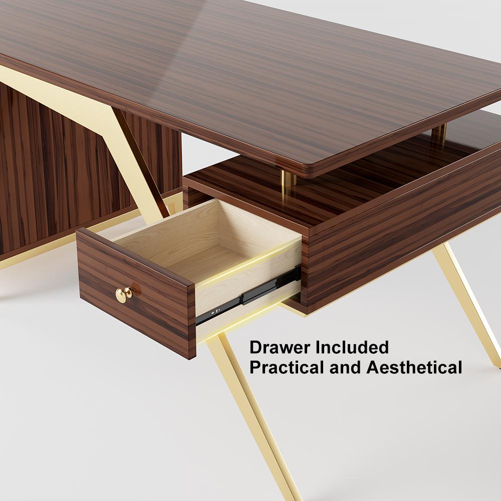 55" Ultra Modern White and Gold Computer Writing Desk with Storage & Drawer