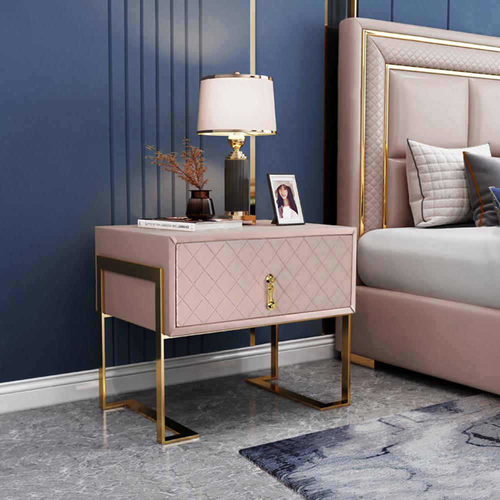 Modern Nightstand with Drawer, PU Leather in Deep Blue, Gold Leg