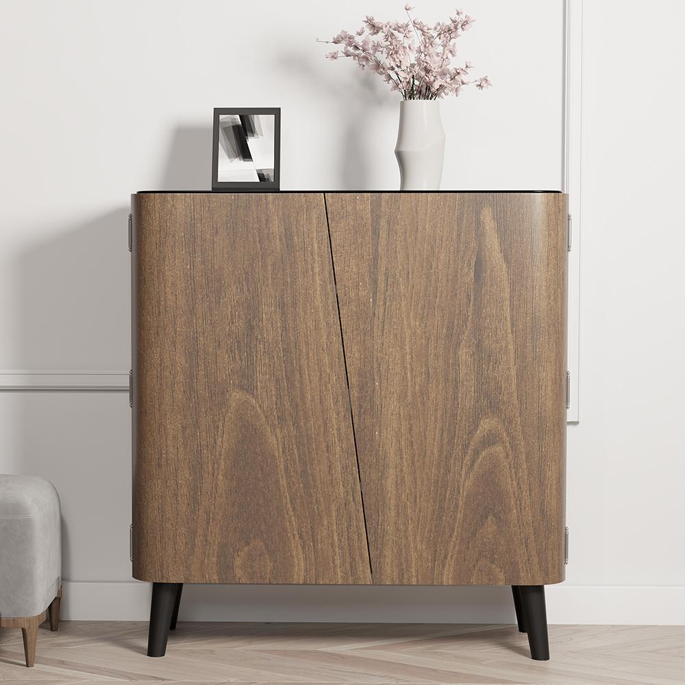 Walnut Shoe Storage Cabinet with 2-Door in Black 14 Pairs
