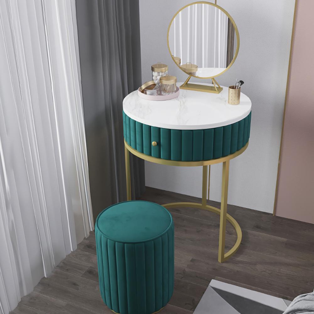 Modern Makeup Vanity Set Velvet Upholstered Small Dressing Table Mirror&Stool Included