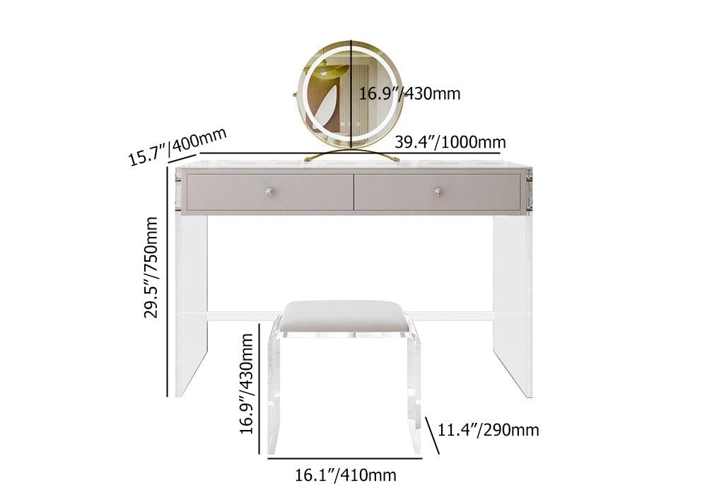 Minimalist Acrylic Floating Makeup Vanity Set with LED Lighted Standing Mirror & Stool