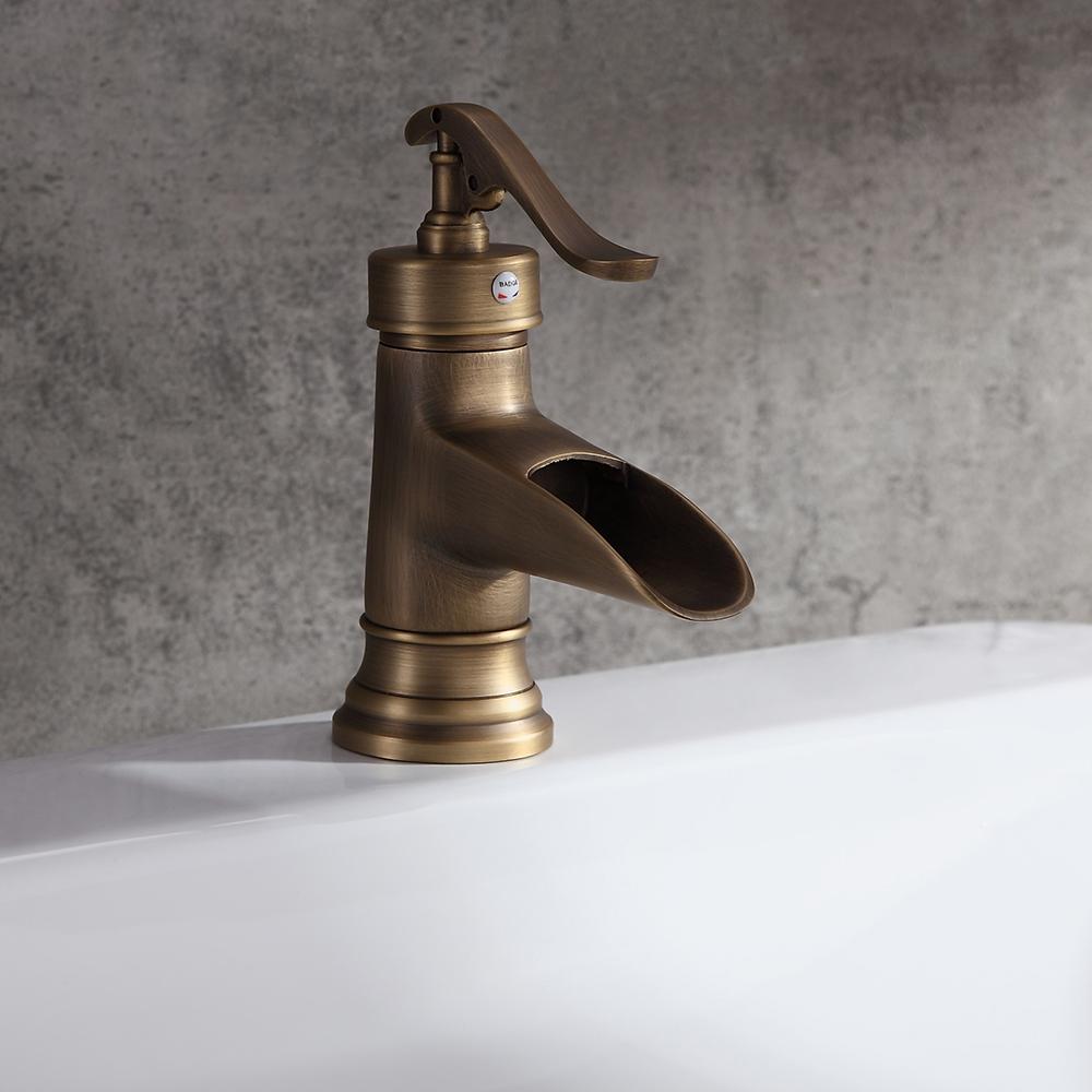 Single Hole Single Handle Waterfall Bathroom Sink Faucet Solid Brass in Antique Brass