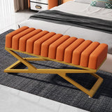 Modern Entryway Bench Gray Velvet Upholstered Ottoman Bench in Gold