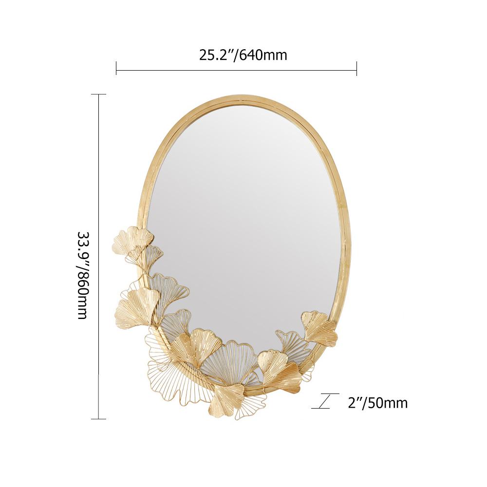 Glam Oval Hollow-out Ginkgo Leaves Gold Metal Wall Mirror