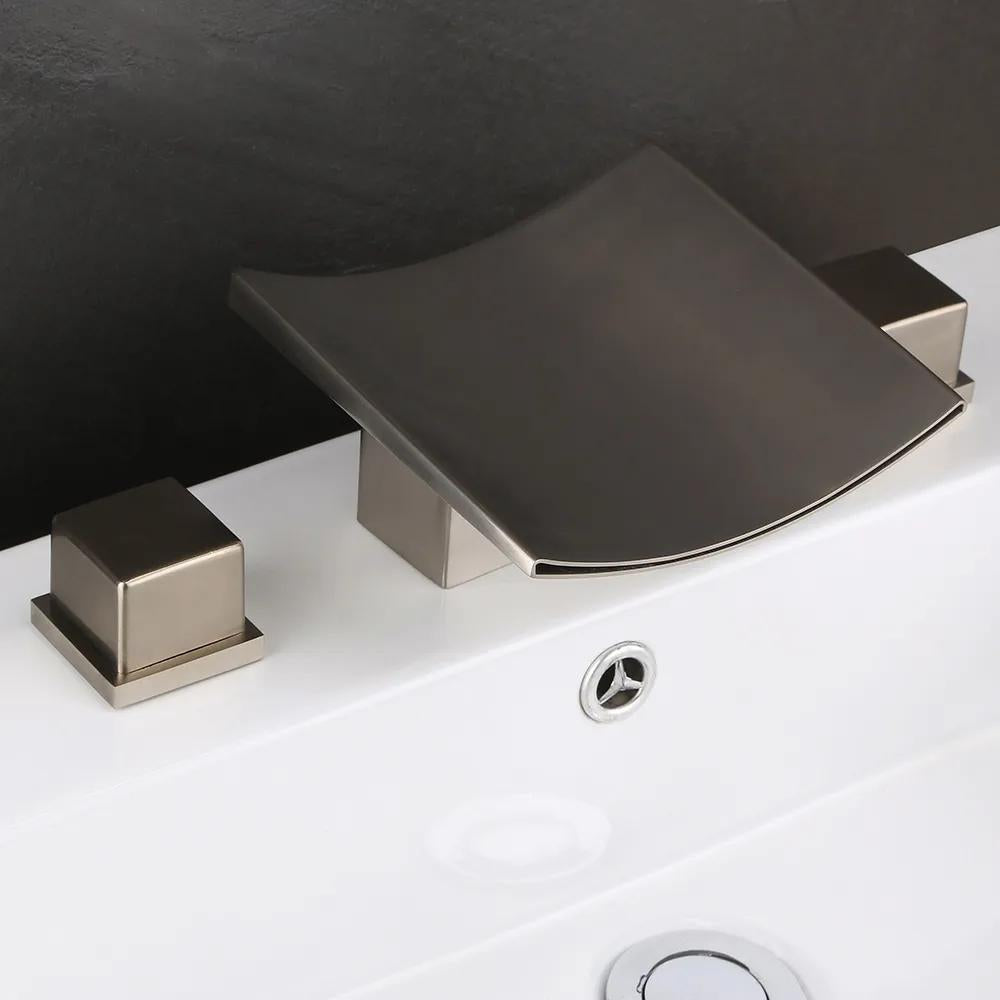 Grop Brushed Gold Waterfall Widespread Bathroom Sink Faucet Double Handle