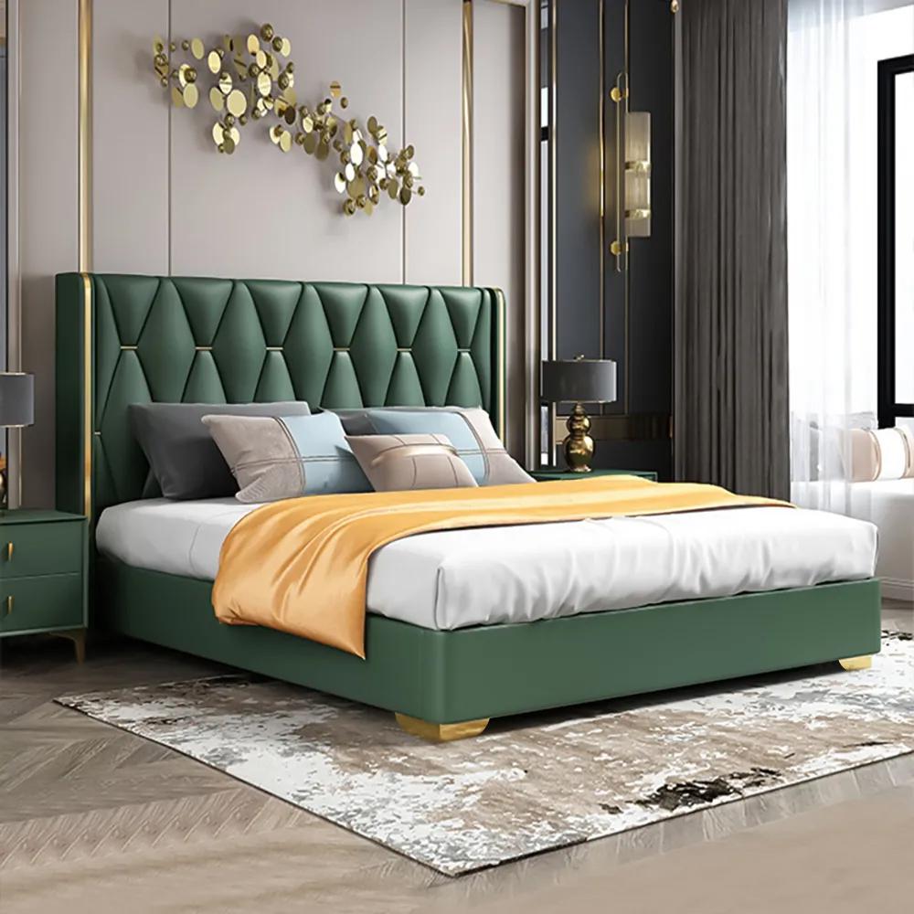 Queen Upholstered Platform Bed Green Low Profile Bed with Wood Slats