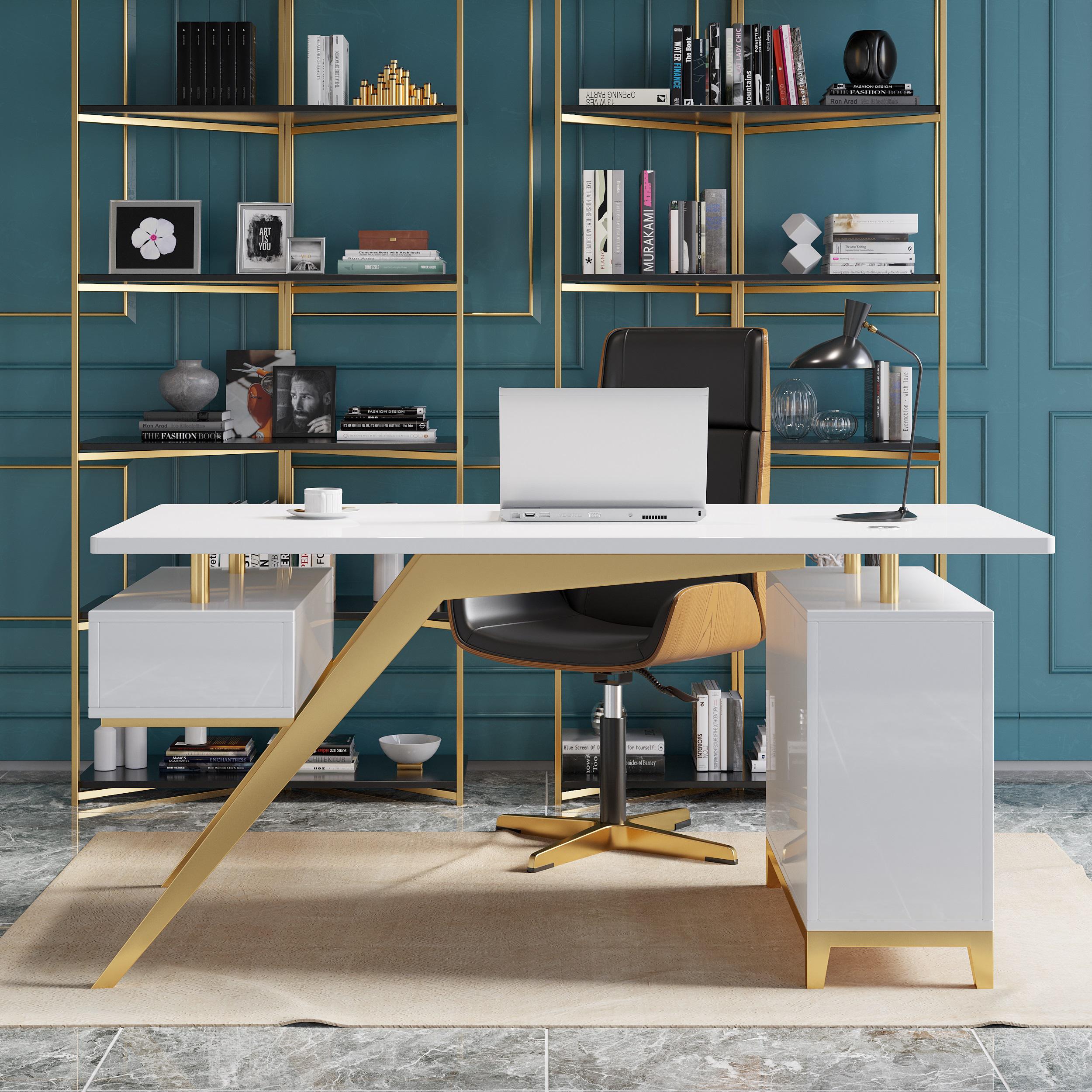 55" Ultra Modern White and Gold Computer Writing Desk with Storage & Drawer