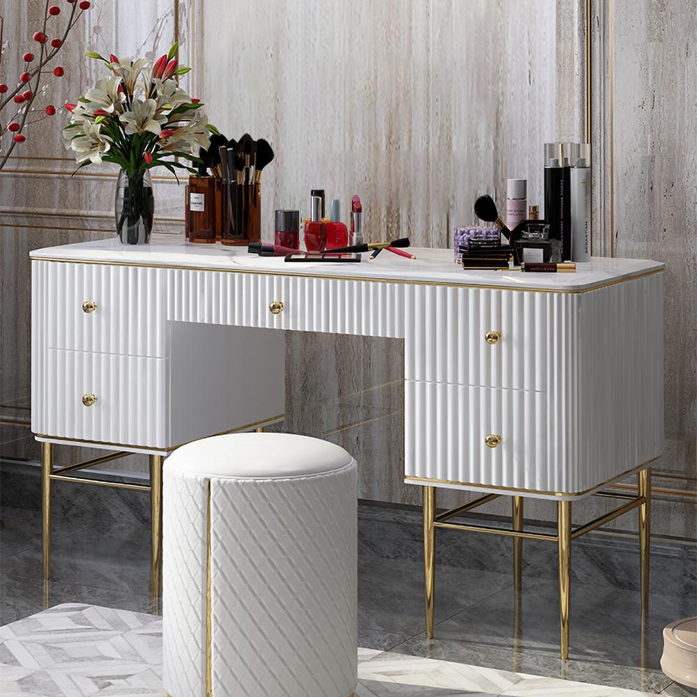 Black Makeup Vanity Table Faux Marble Dressing Table with Drawers Gold Stainless Steel