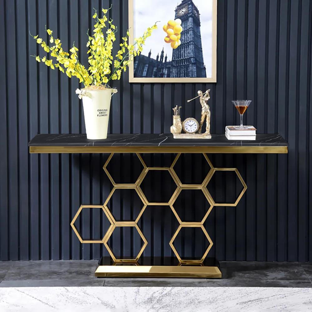 59" Contemporary Rectangular Black Marble Console Table Narrow Entryway Table