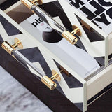 2 Drawers Black & White Nightstand with Drawer Mid-Century Bedside Table Gold Legs