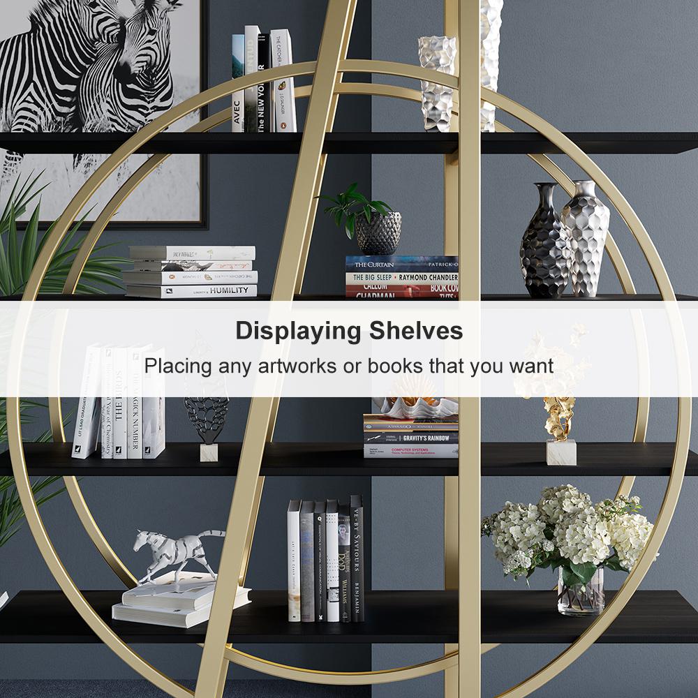 4-Tier Round Open Bookshelf White Display Shelf Gold Frame