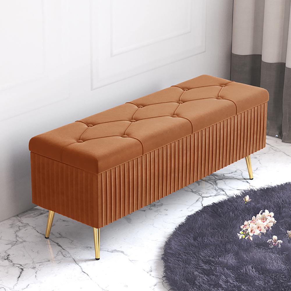 Modern Velvet Storage Bench Flip Top in Pink with Gold Legs