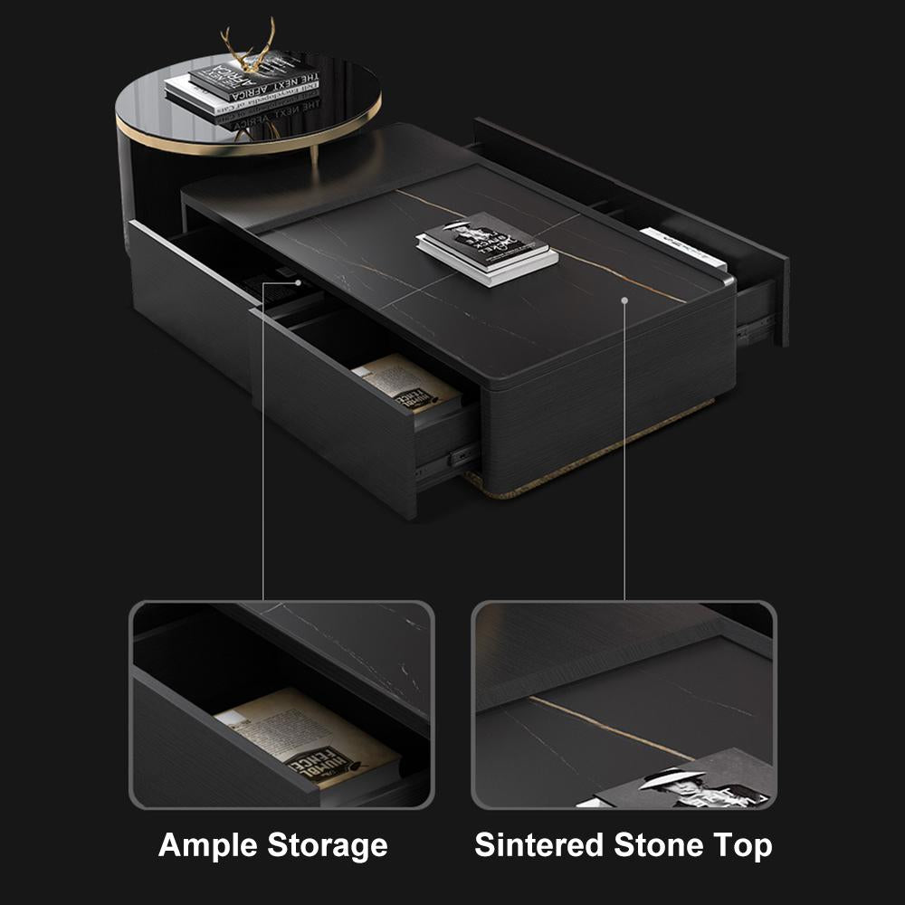 Modern Black Nesting Sintered Stone & Glass Coffee Table with 4 Storage Drawers Set of 2