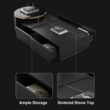 Modern Black Nesting Sintered Stone & Glass Coffee Table with 4 Storage Drawers Set of 2
