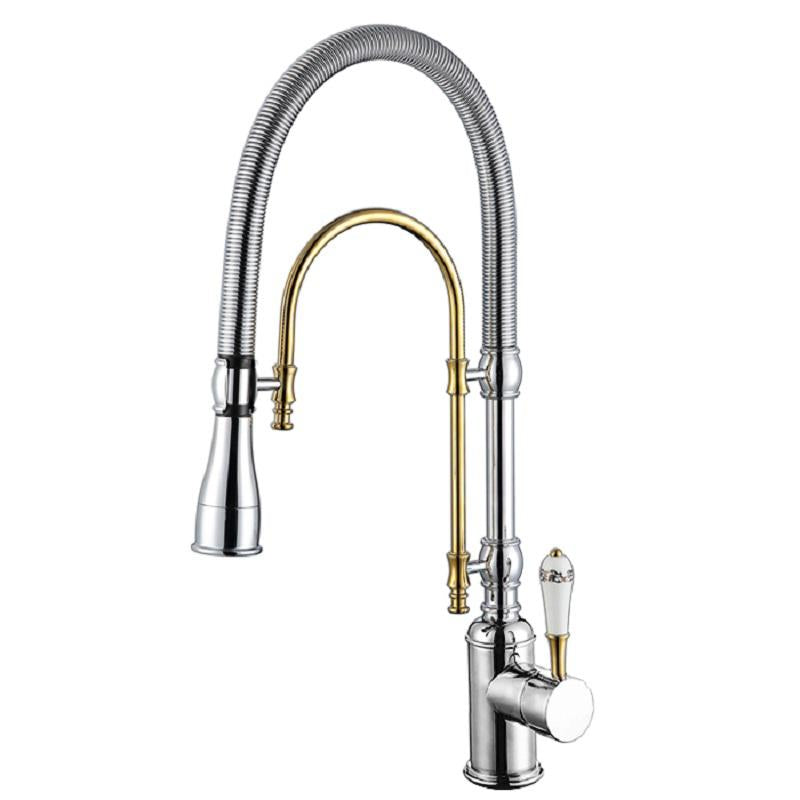 High Arc Dual-Mode Pull-Down Kitchen Faucet Solid Brass with Porcelain Handle