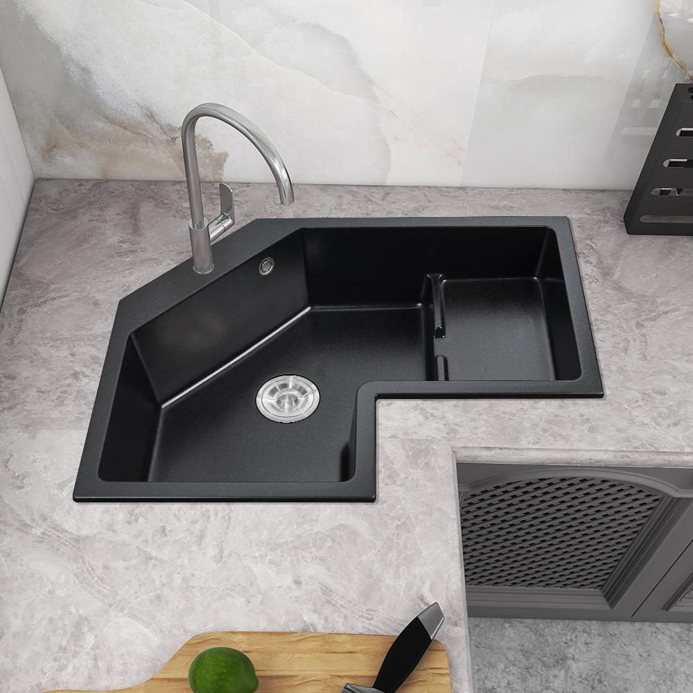 Modern Black Drop In Corner Kitchen Sink 32" Single Bowl Quartz Irregular Right Sink