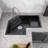 Modern Black Drop In Corner Kitchen Sink 32" Single Bowl Quartz Irregular Right Sink